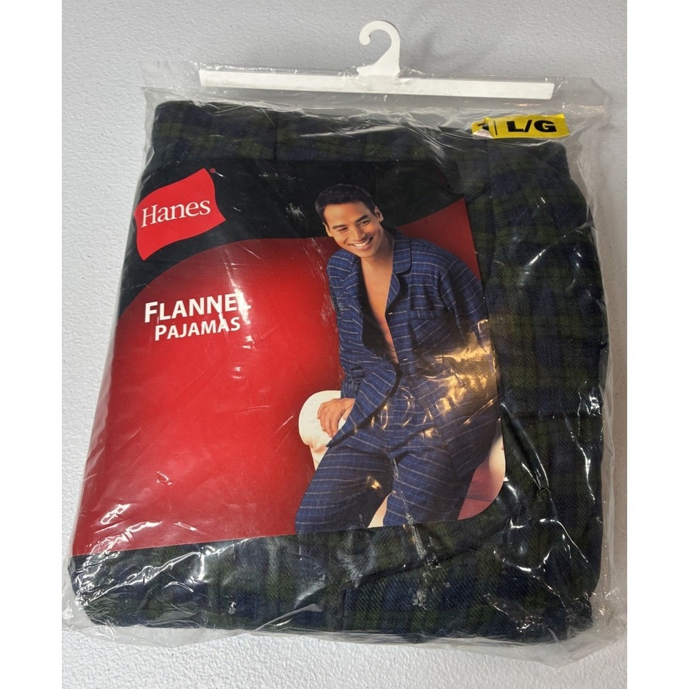 Vtg Hanes Flannel Pajama Set Men's Size Large Green Blue Plaid